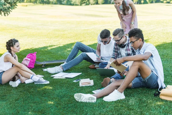 Estudantes Adolescentes Multiétnicos Que Estudam Com Livros Laptop Parque — Fotografia de Stock