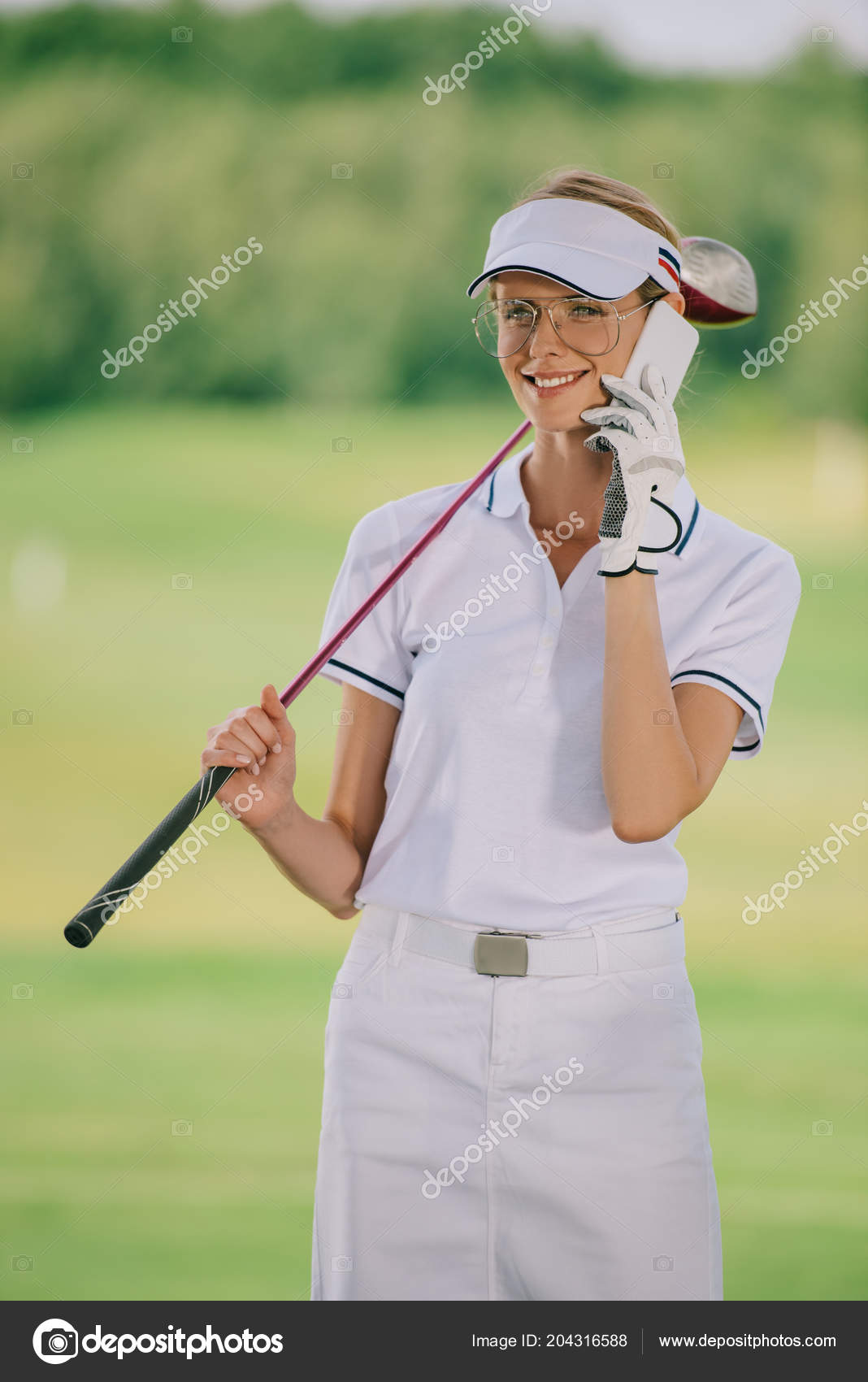 Portrait Smiling Female Golf Player Polo Cap Golf Club Hand