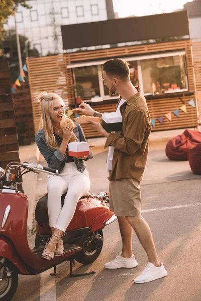 Boyfriend Feeding Girlfriend French Fries Food Truck — Stock Photo, Image