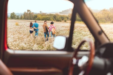 araba araba gezisi sırasında çiçek alanı tarafından yürüyüş mutlu genç arkadaş grubu, görüntüleme