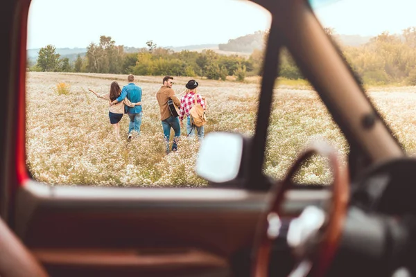 Vedere Mașină Grup Prieteni Tineri Fericiți Care Merg Câmpul Flori — Fotografie, imagine de stoc