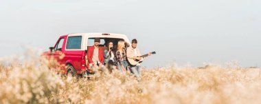 bira içip araba gövde çiçek alanındaki dinlenirken gitar çalmak genç arkadaş grubu