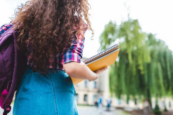 Oříznuté Záběr Studentský Batoh Poznámkové Bloky Ulici — Stock fotografie