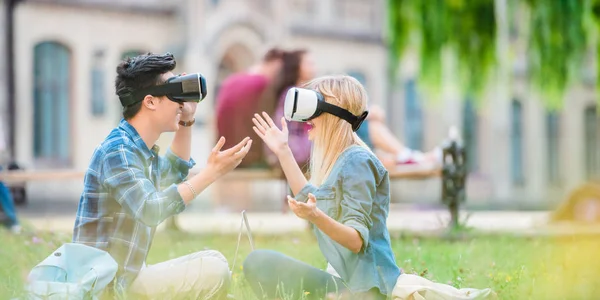 Side View Multicultural Students Virtual Reality Headsets Laptops Sitting Green — Stock Photo, Image