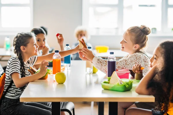 Adorable Schoolgirls Taking Lunch School Cafeteria — Stock Photo, Image