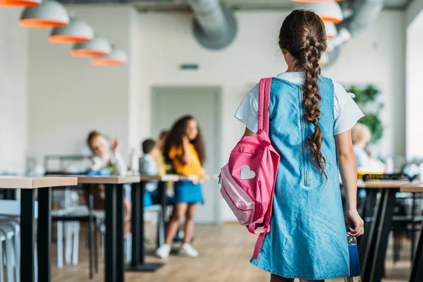 Rear View Little Schoolgirl Dress Walking School Cafeteria — Stock Photo, Image