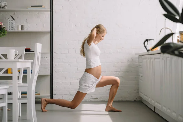 Side View Pregnant Woman Doing Fitness Exercises Home — Stock Photo, Image