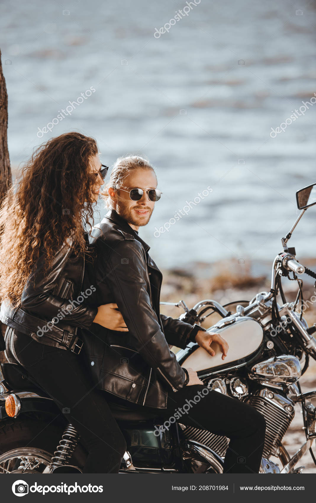 Couple Bikers Black Leather Jackets Sitting Motorcycle Seashore