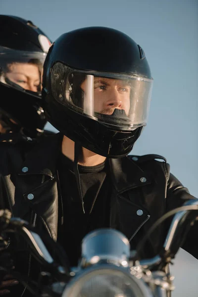Two Bikers Moto Helmets Sitting Motorcycle — Stock Photo, Image