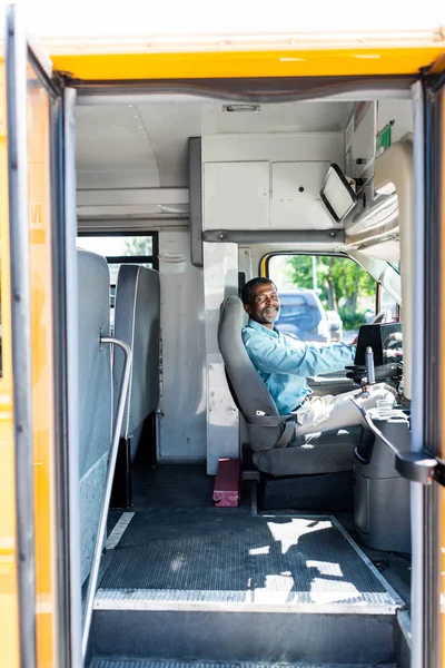 Happy Mature African American Driver Sitting Bus Looking Camera — Stock Photo, Image