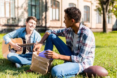 çimenlerin üzerinde oturan ve öğle yemeği sırasında akustik gitar çalmak mutlu gençler