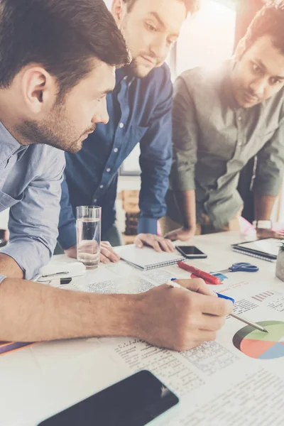 Three Young Businessmen Leaning Table Working Project Together Business Teamwork — Stock Photo, Image