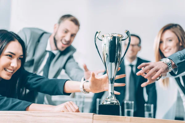 Close Shot Multiracial Businesspeople Trying Catch Champion Cup — Stock Photo, Image