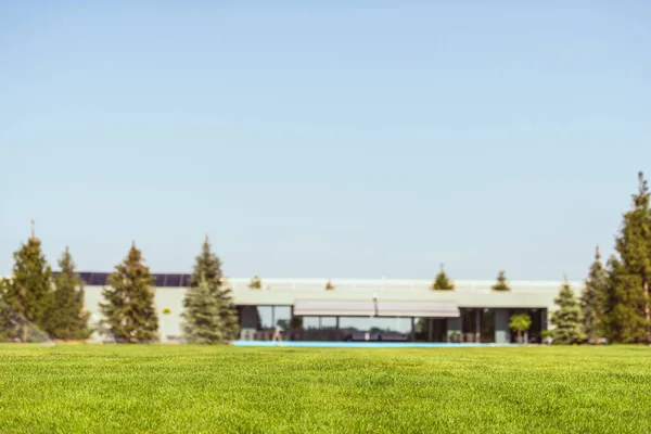 Selective Focus Green Lawn Modern Cottage Blue Clear Sky — Stock Photo, Image