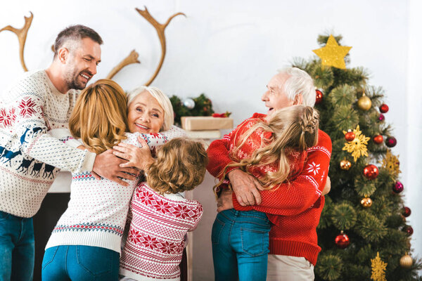 счастливая семья обнимает в канун Рождества
