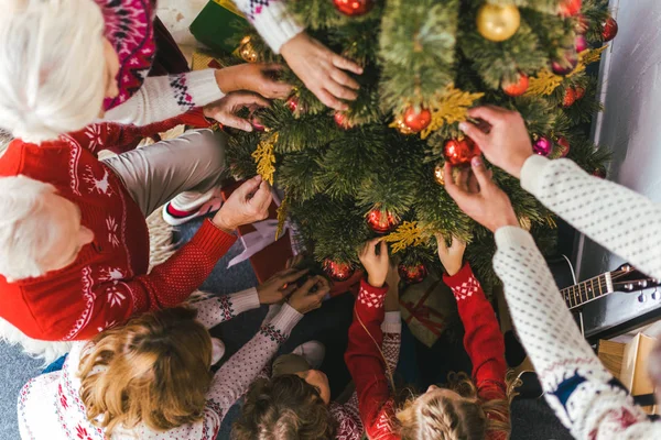 High Angle View Family Decorating Christmas Tree Together Home — Stock Photo, Image