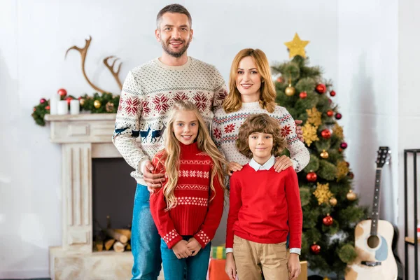 Happy Young Family Standing Together Christmas Looking Camera — Stock Photo, Image