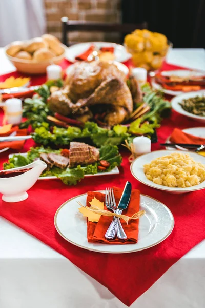 Beautiful Thanksgiving Table Various Tasty Dishes — Stock Photo, Image