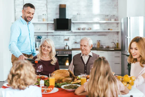 Happy Family Having Delicious Thanksgiving Dinner Together Home While Father — Stock Photo, Image