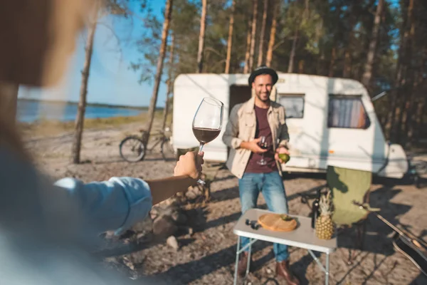 Selective Focus Girl Holding Glass Red Wine Looking Man Campervan — Stock Photo, Image