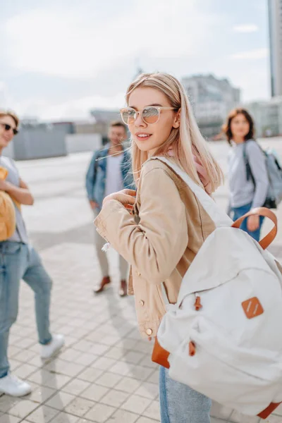 Young Stylish Girl Walking City Friends — Stock Photo, Image