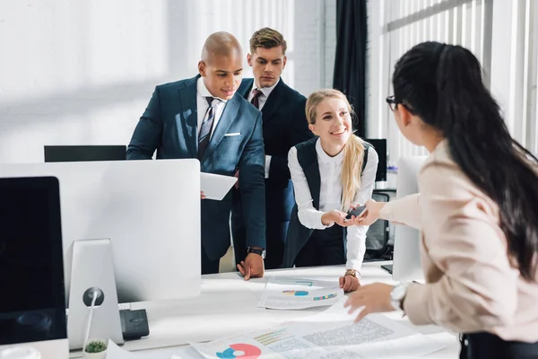 Smiling Young Multiethnic Colleagues Working Digital Devices Business Charts Office — Stock Photo, Image