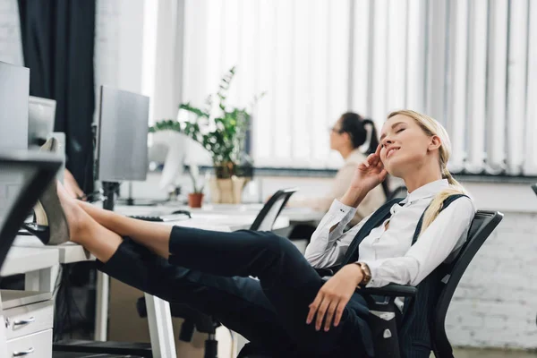 Smiling Young Businesswoman Resting Closed Eyes Workplace — Stock Photo, Image