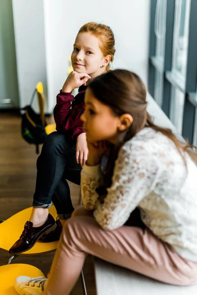 Adorable Schoolgirls Sitting Together Desk Library — Free Stock Photo