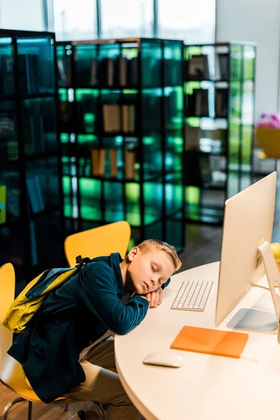 High Angle View Schoolboy Backpack Sleeping Desk Computer Library Royalty Free Stock Photos