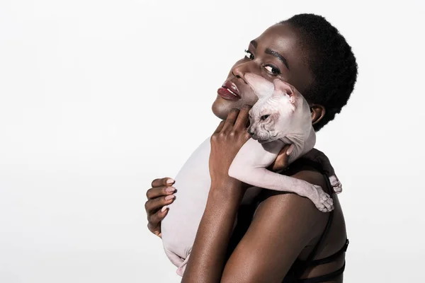 Hermosa africana americana mujer en bodysuit celebración sphynx gato y mirando cámara aislado en blanco - foto de stock