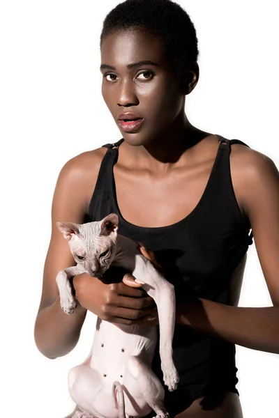Beautiful young african american woman in swimsuit holding cat and looking at camera isolated on white — Stock Photo