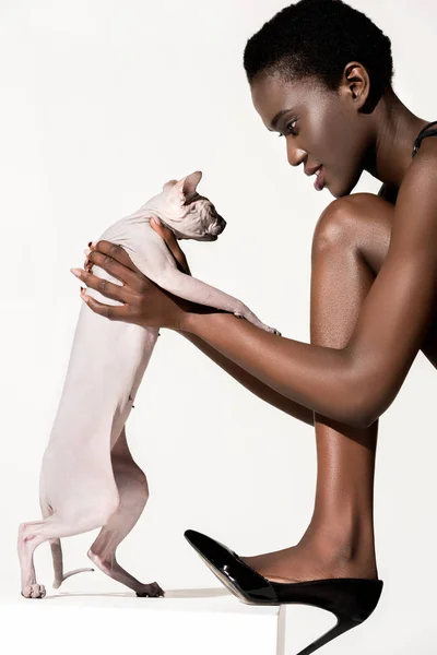 Vista laterale della bella ragazza afro-americana in scarpe con tacco alto tenendo sphynx gatto isolato su bianco — Foto stock