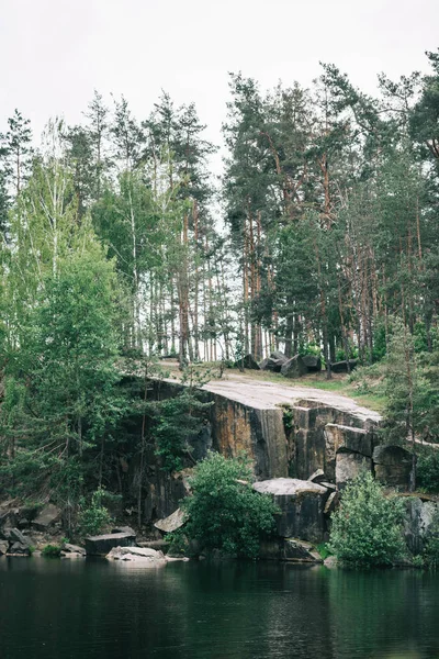 Beautiful pine forest on rocky cliff over calm lake — Stock Photo