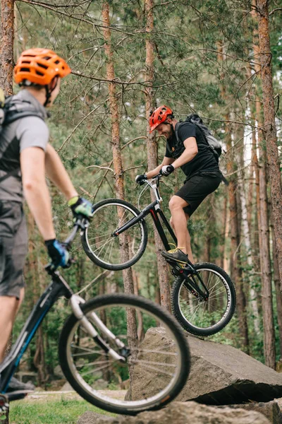 Active young trial bikers having fun in pine forest — Stock Photo