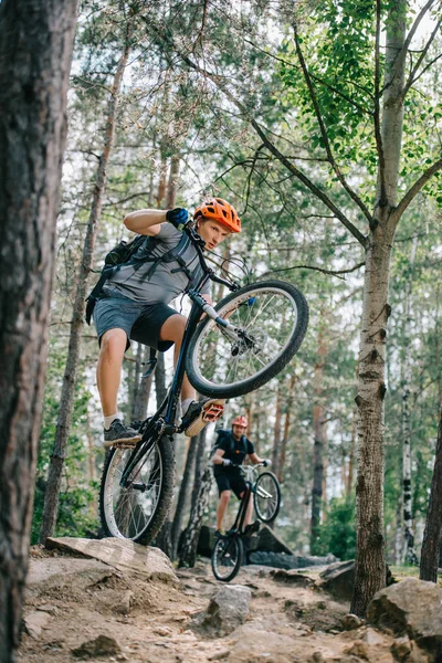 Young trial bikers riding on back wheels at beautiful forest — Stock Photo