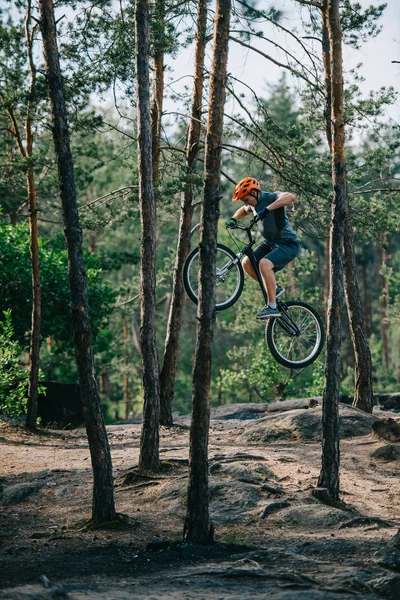 Young trial biker jumping on bicycle at pine forest — Stock Photo
