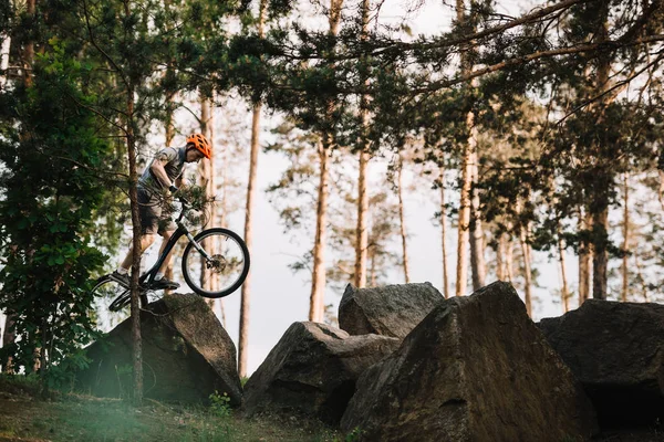 Vue de côté du motard d'essai équilibrage sur les rochers à l'extérieur à la forêt de pins — Photo de stock