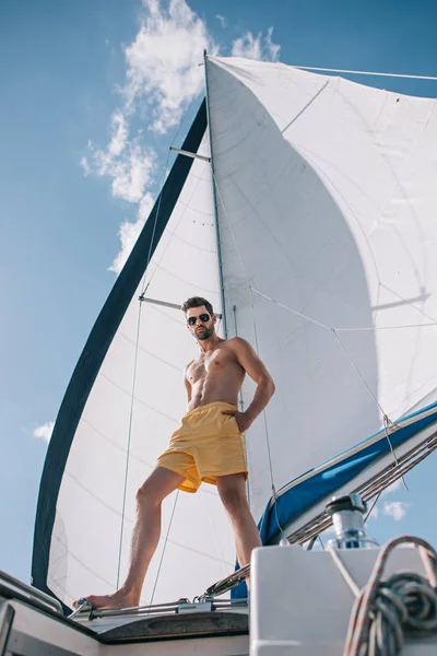 Низкий угол обзора мускулистого человека в плавках, стоящего на яхте — стоковое фото