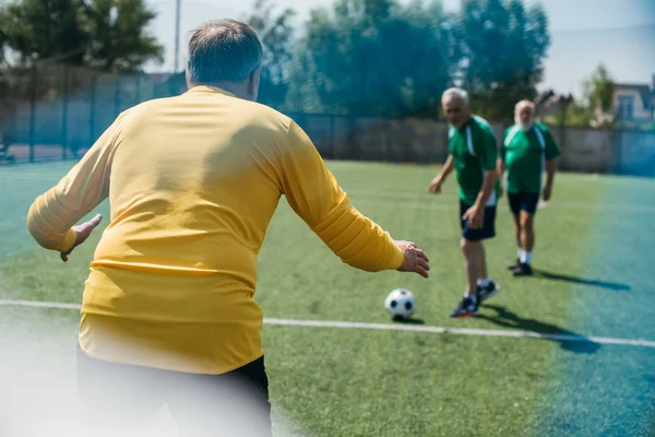 Back view of goalkeeper and elderly men on football field — Stock Photo