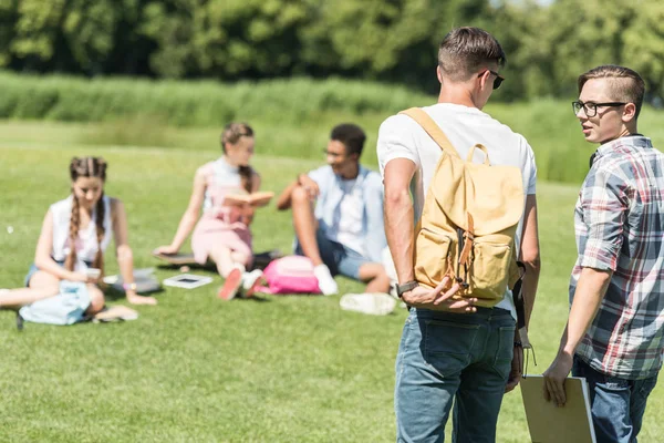 Vista posteriore di ragazzi adolescenti che camminano nel parco mentre i compagni di classe studiano dietro sul prato — Foto stock