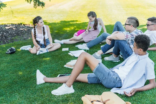 Multiethnic teenage students sitting on grass, talking and studying in park — Stock Photo