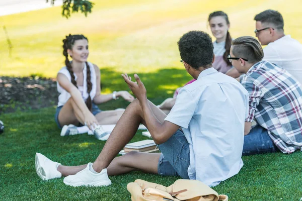 Studenti adolescenti multietnici seduti sull'erba e che studiano insieme nel parco — Foto stock