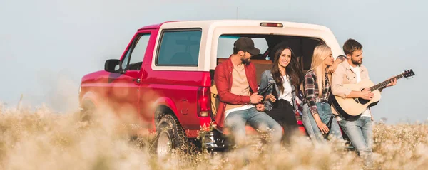 Gruppe fröhlicher junger Freunde trinkt Bier und spielt Gitarre, während sie es sich im Kofferraum eines Autos auf einem Blumenfeld gemütlich macht — Stockfoto