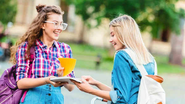Side view of smiling students with notebook standing on street — Stock Photo
