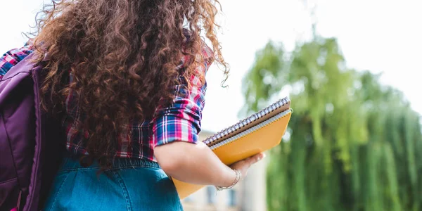 Colpo ritagliato di studente con zaino e quaderni sulla strada — Foto stock