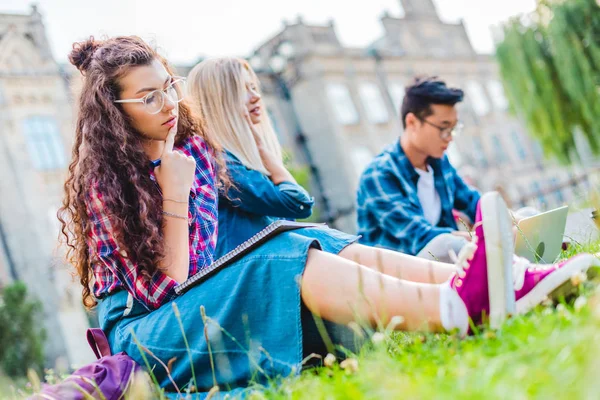 Selective focus of multiethnic students sitting on green grass in park — Stock Photo