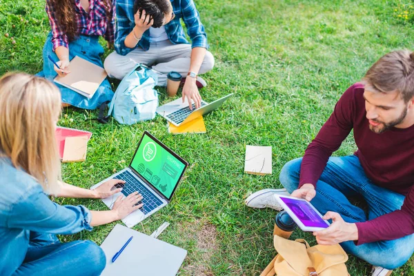 Vista parcial de estudiantes multiétnicos con cuadernos y dispositivos digitales sentados sobre hierba verde en el parque - foto de stock