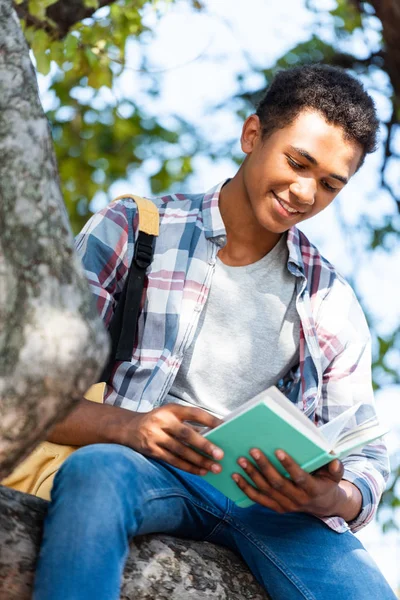 Снизу вид счастливого студента-подростка, читающего книгу под деревом — стоковое фото