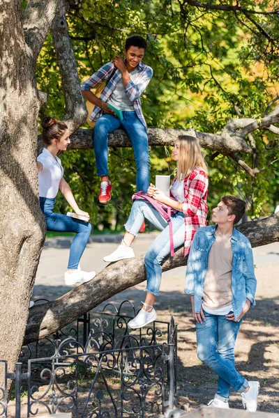 Grupo de adolescentes multiétnicos felices sentados en el árbol en el parque - foto de stock