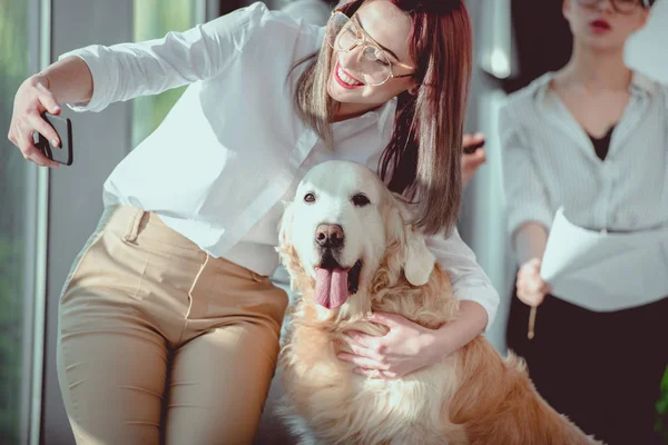 Молодая кавказская деловая женщина в формальной одежде делает селфи с собакой в офисе — стоковое фото